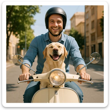 man and his pet dog riding a vespa sticker