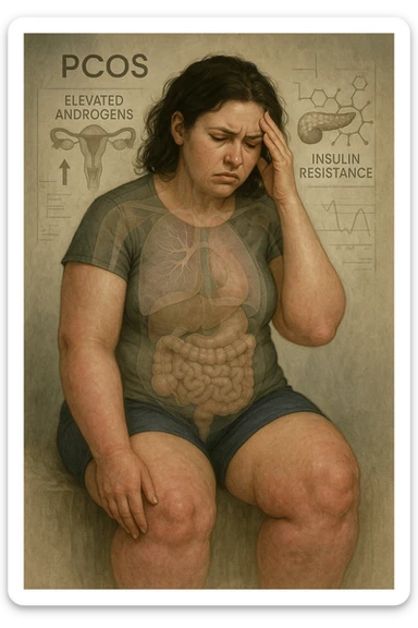 cinematic realistic in italiano Woman with PCOS struggling with hormonal chaos, transparent overlay showing elevated androgens and insulin resistance affecting her body, lipedema causing disproportionate fat accumulation in legs and arms despite normal torso, expression of frustration with unexplained weight gain, medical charts showing complex endocrine dysfunction, painful swollen limbs contrasting with metabolic confusion scrivi in italiano sticker