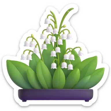 Realistic lily of the valley with correct leaf structure - large elliptical leaves from base, with center flower stem bearing small white bell flowers hanging in a row sticker