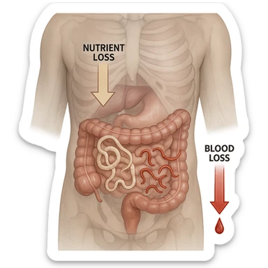 realistic transparent abdomen showing hookworms and tapeworms both visible, arrows showing nutrient and blood loss, medical illustration sticker