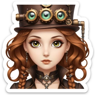 Cinematic 32k HD, Beautiful Steampunk style woman with large glistening eyes, ultra realistic details, each lash, eye, and hair is shown in stunning detail as though captured in a timeless photograph, rich textures, visually rich, so lifelike it could leap off the page at any moment sticker