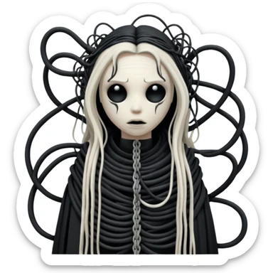 tangled black cables creating an occult creature covered in black rags and bondage, Giger style sticker