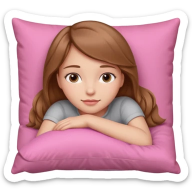 Girl lying on a pink pillow, light brown hair, gray eyes, iOS 18 style sticker
