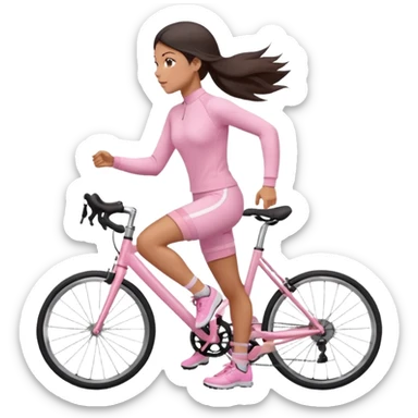 A girl in soft pink sporty tight-fitting clothes, a long-sleeved fitted sweater and cycling shorts is running, her hair is dark and straight, neatly styled. sticker