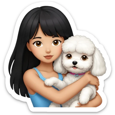 A beautiful girl with long black hair and bangs hugs a Bichon Frise tightly sticker