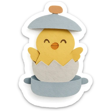 cute chick emerging from an egg cooker lid, smiling, soft yellow colors, full-body sticker