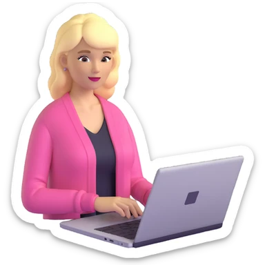 blonde woman in a pink cardigan working on a laptop sticker