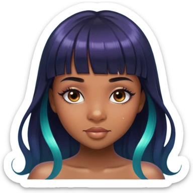 brownskin girl, beautiful girl, mermaid appearance, black straight hair with bangs above eyebrowns, nostril piercing sticker