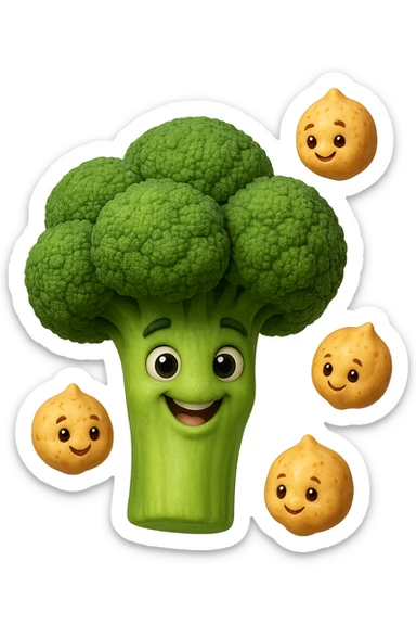 SU QUESTO STILE FAI  broccoli e ceci che fluttuano in aria, FALLO MOLTO REALISTICO IN 3D sticker