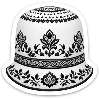 Uzbek traditional doppa hat with ornate black and white embroidery pattern sticker