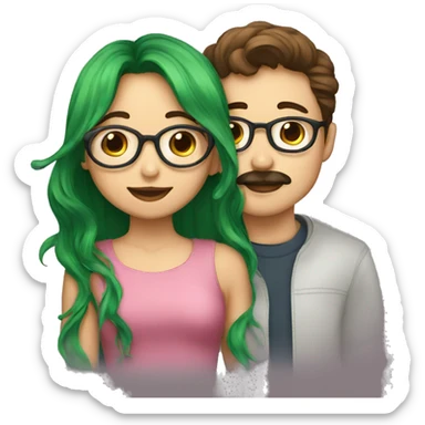 A boy with brown hair and a mustache is kissing a green haired girl wearing glasses sticker