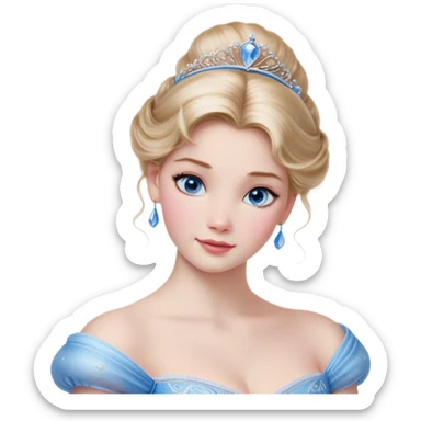 Cinematic Realistic Cinderella Portrait, depicted with lifelike skin texture, subtle rosy undertones, and soft natural lighting that enhances the gentle contours of her face. Her intricately detailed golden blonde hair is elegantly styled in an updo, with delicate wisps framing her face for added realism. Her deep, expressive blue eyes radiate warmth and sincerity, reflecting a quiet resilience and grace. She is dressed in her iconic ball gown, the fabric shimmering with intricate embroidery and fine translucent layers that catch the light beautifully. The soft sheen of satin gloves and the delicate sparkle of a glass-like slipper peeking from beneath her dress add a touch of magical realism. The portrait features an enchanting glow with a natural, luminous finish, seamlessly blending realism and fairytale charm to evoke a sense of depth, elegance, and timeless beauty. sticker