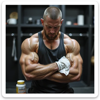 Powerlifter in locker room, sportswear, holding ice pack on swollen elbow, suffering expression, bottle of Stanozololo in background, realistic details, locker room background sticker