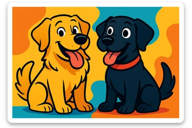 two animated dogs together, a golden retriever and a black labrador, colorful cartoon style sticker