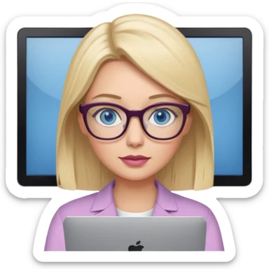 donna bella, occhi azzurri con occhiali, capelli medi, lisci e biondi, lavora usando lo schermo pc. Labbra color malva chiaro sticker