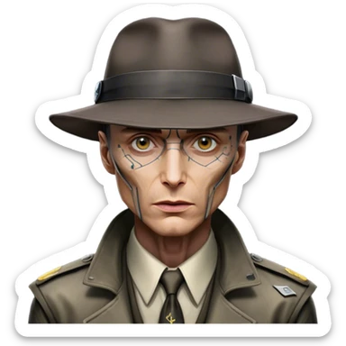 Cillian Murphy's J Robert Oppenheimer Wearing his hat, while his eye, ear, nose and upper body has been replaced with Cybernetic Organism and Neural Network in CyberPunk 2077 sticker