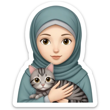 White girl wearing  hijab holding a black grey tabby cat sticker