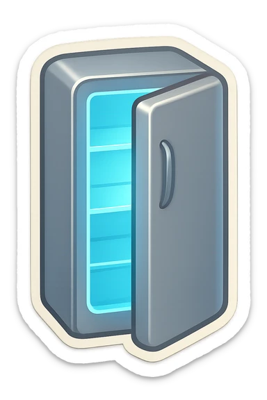 Open modern refrigerator with door slightly ajar, soft blue light glowing from inside, simple shelf shapes, no food details, rounded vector style, clean and minimal, sticker-like, silver exterior. sticker