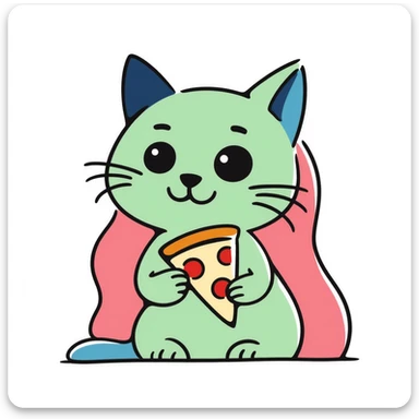 green cat with pink hair and blue ears holding a pizza sticker