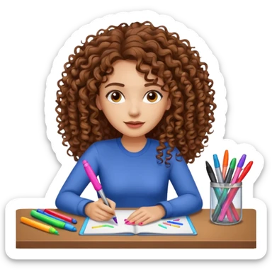 A women curly hair long and light skin with markers on her desk sticker