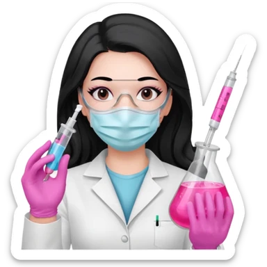 laboratorista con guantes rosa y mascarilla rosa  jeringa tubo laboratorio sin lentes  y  ojos negros cabello largo negro ojos negros sticker
