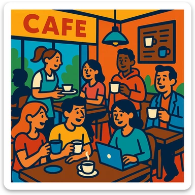 a bustling cafe scene with people, vibrant cartoon style sticker