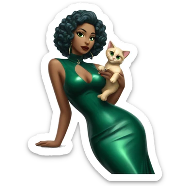 A pin skirt latex dark emerald dress on a female latin goddess with a kitten aura sticker