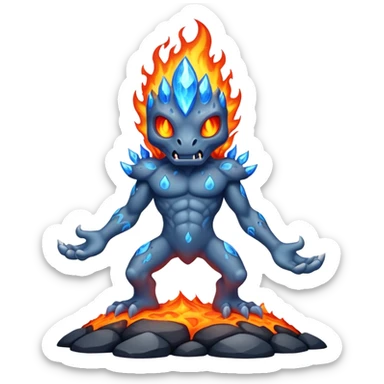 a mystical fast lava creature without arms with molten lava on its head and some rocky shoulders, fire crystals, blue flames, fire legs, no background sticker