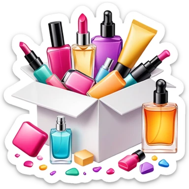 an opened box with colorful makeup, skincare bottles, and perfume spilling out sticker