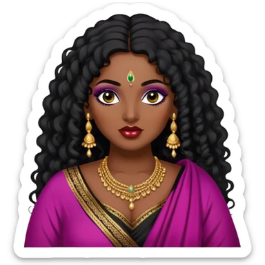 big plus size, dark skin, long black curly hair, baddie,pretty, makeup, lipgloss, black eyeliner, loose dupatta, indian
 sticker