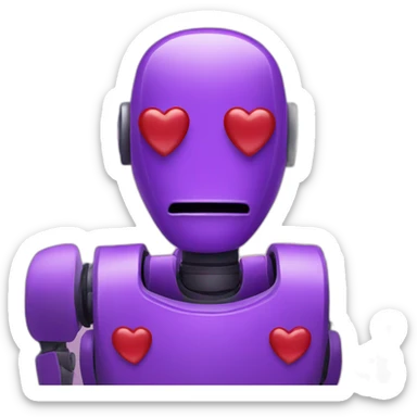 A purple robot with red hearts instead of eyes sticker