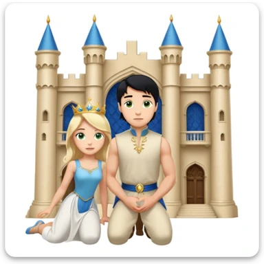 Man as prince, upright, black Hair, blue eyes, woman, blonde, green eyes, shott white sleveless Dress, kneeling, background palace sticker