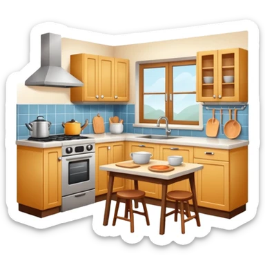 A cozy home kitchen in clean emoji-style illustration. Warm colors, simple shapes, homemade dishes on the counter, friendly atmosphere, flat design, high contrast, clear outlines. sticker