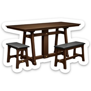 A glass topped rectangular trestle table with a bench on each long sided  and a high-backed throne on each short side sticker