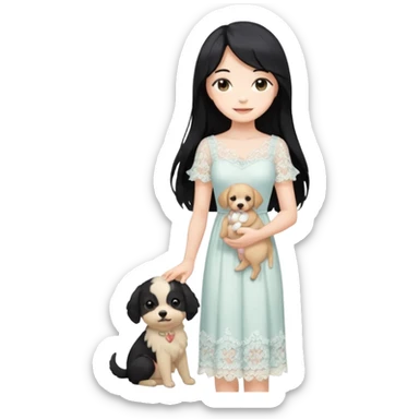 Pastel anime lady long hair with long lace dress full body holding puppy sticker
