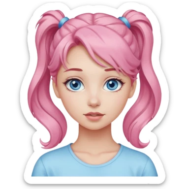 a girl with blue eyes, pastel pink wavy hair in a ponytail, clean girl makeup sticker