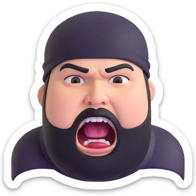Super extreme tight close-up of just the face of morbidly obese white skin guy with young face, prominent BLACK DURAG tied clearly on head, black beard but no mustache, clean shaven upper lip, black eyes, mouth wide open screaming angrily sticker