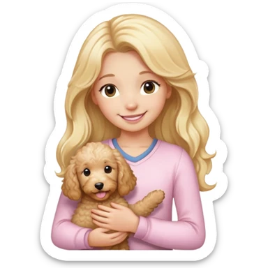 girl with long blonde hair smiling wearing light pink holding goldendoodle sticker