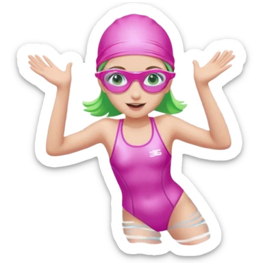 pretty girl with green eyes pink swim cap holographic swimming glasses and cute profesional swimmer pink swimsuit jumping in water sticker