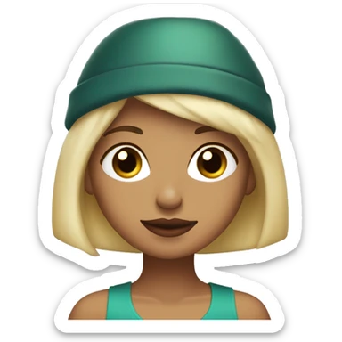 blonde with a bob and brown eyes in a New Year's cap and red lips sticker
