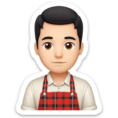 big boy with black hair all up, wearing a white and red plaid apron sticker