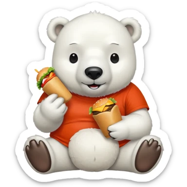 polar bear with burger wearing red orange tshirt sticker