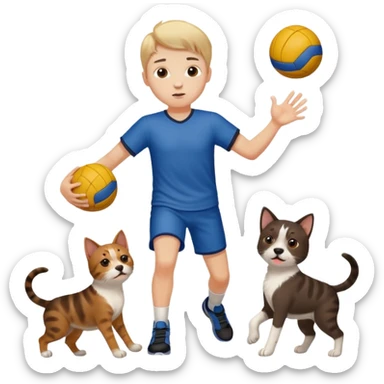 ragazzo basso  che gioca a pallamano circondato da cani e gattu sticker