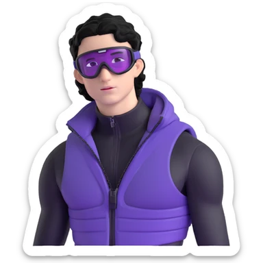 male athlete with white skin and moderately curly black hair on top with shaved sides, wearing ski goggles with purple frames and very dark black lenses, a simple plain black chain necklace, and a completely unzipped/wide open shiny purple vest fully revealing his chest and abs, no earrings sticker