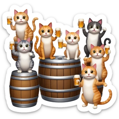 seven distinct cats standing around a beer keg, each cat drinking, all with goofy playful expressions sticker