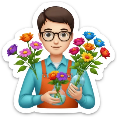 Young male florist – wearing glasses, arranging flowers in a vase. sticker