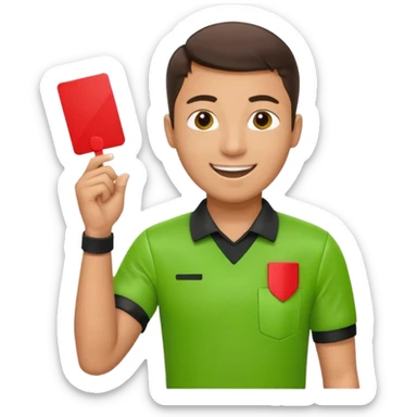 Young Referee – Energetic Style
 Wearing bright green shirt, smiling slightly, holding red card high with whistle around neck. sticker