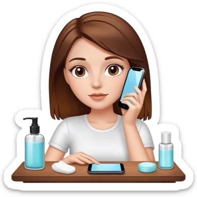 Brown hair, white  girl glass skin skincare on using phone cai sticker