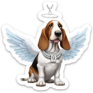Elderly Basset hound with angel wings, wearing a large letter D bling necklace sat in a mead sticker