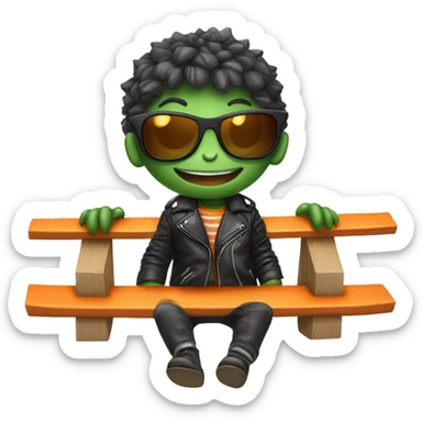 A close up of a baby crocodile on a seesaw wearing a black leather jacket and orange sunglasses  sticker